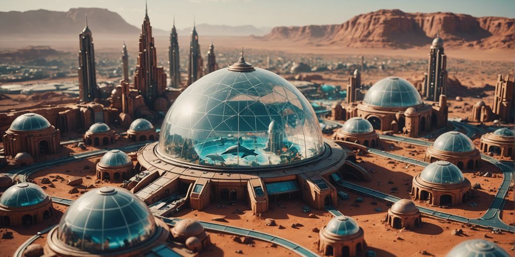 Dolphins swimming in transparent domes in a futuristic Martian city with advanced technology structures.