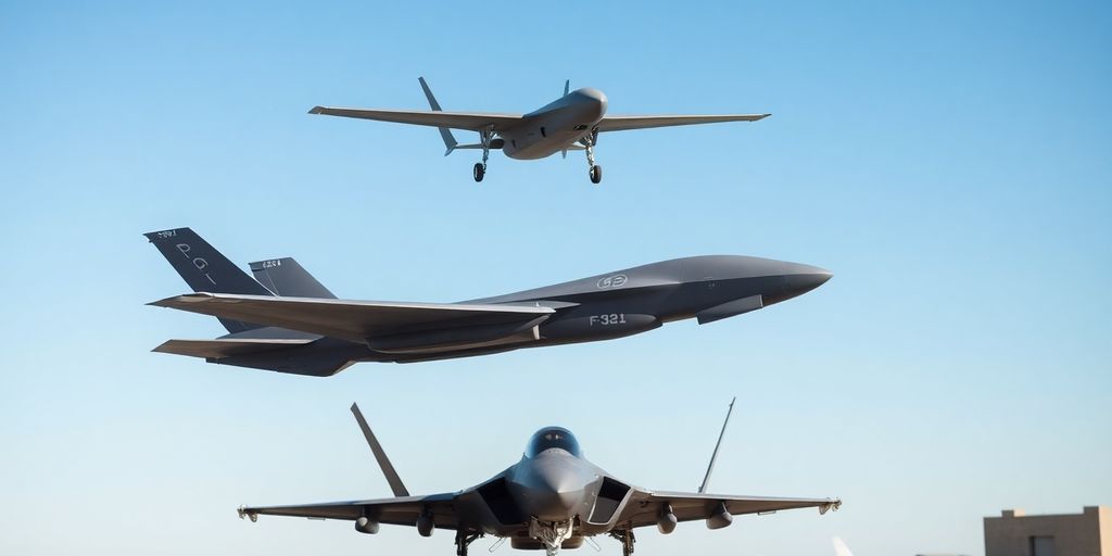 Drone flying above an F-35 fighter jet on base.