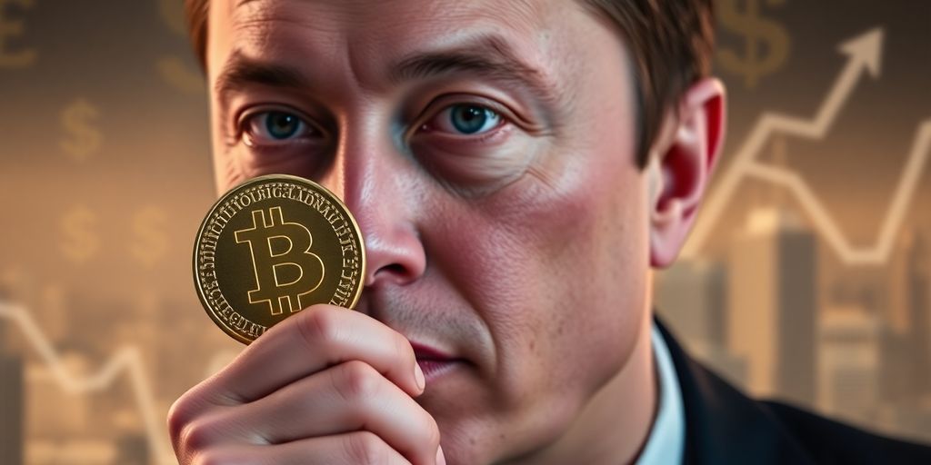 Elon Musk holding a Dogecoin coin, cityscape background.