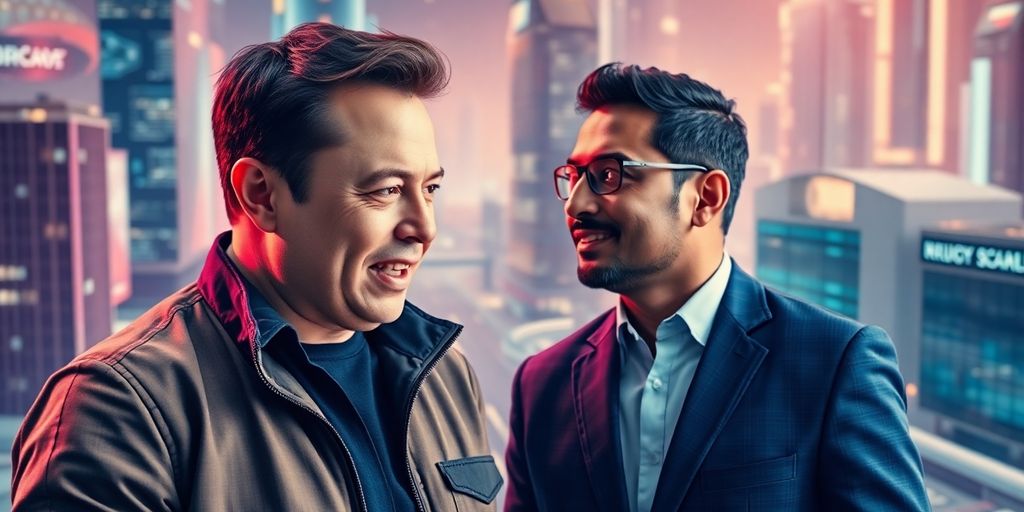 Elon Musk and Vivek Ramaswamy discussing in a futuristic setting.