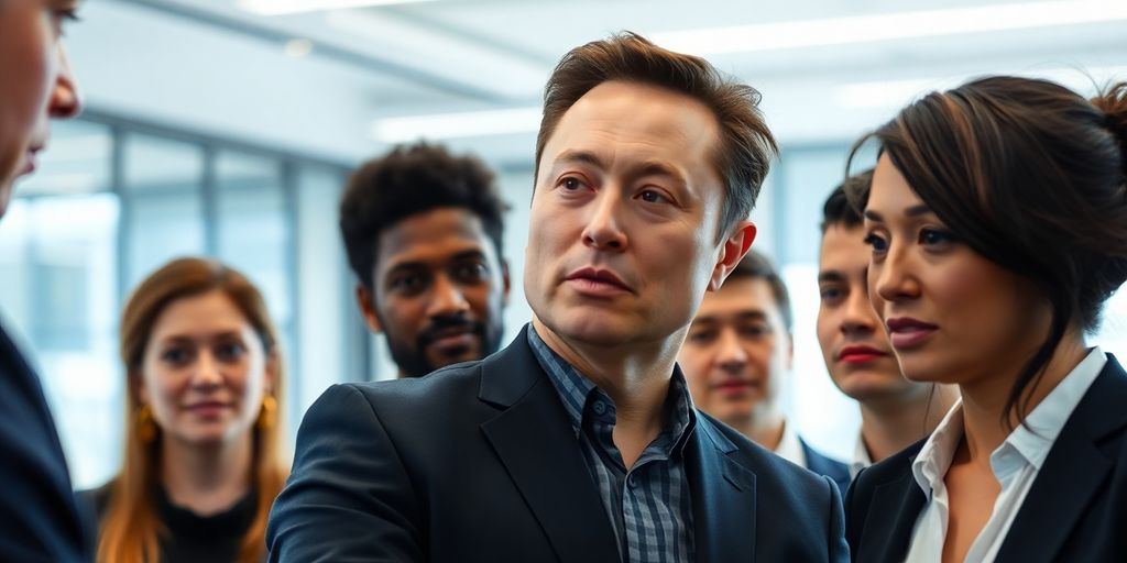 Elon Musk in a meeting with business professionals.