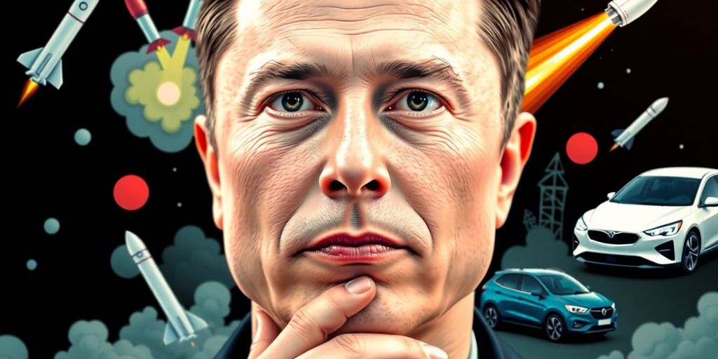 Elon Musk pondering with futuristic business elements around him.