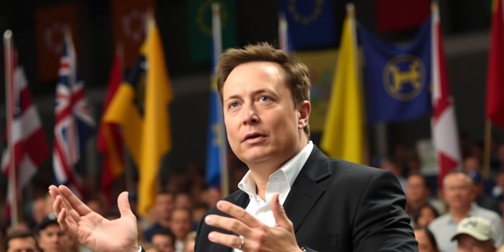 Elon Musk speaking at a public event with a crowd.