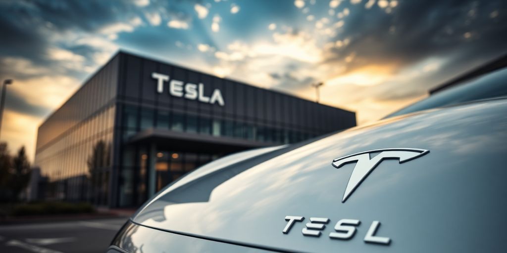 Tesla car near an office building under a dramatic sky.