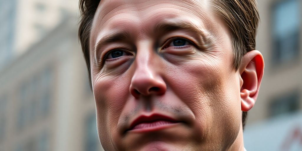 Elon Musk portrait with urban background, thoughtful expression.