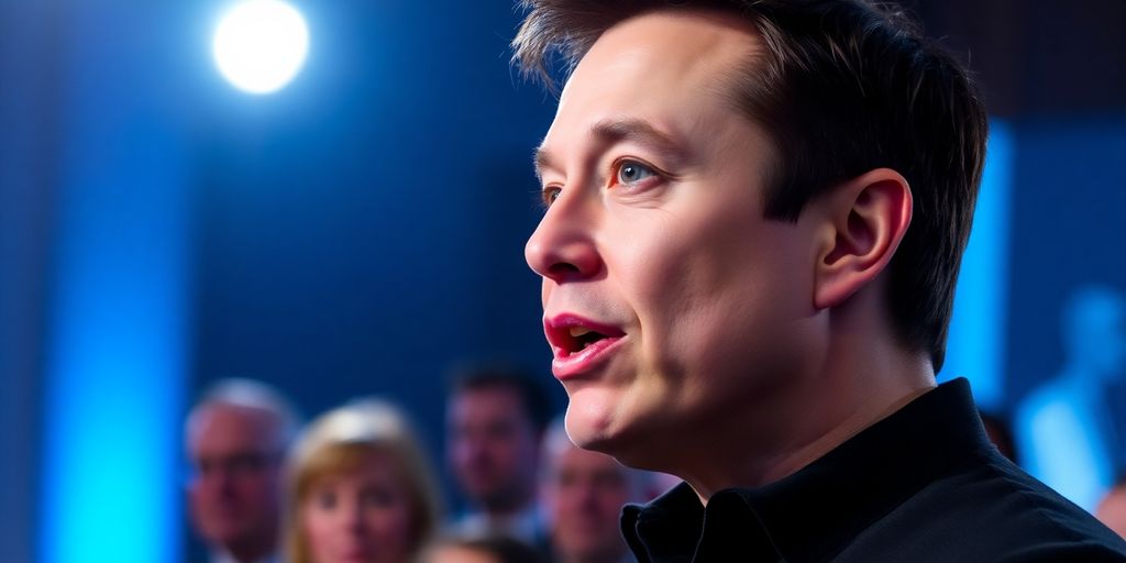 Elon Musk speaking at an event with engaged audience.