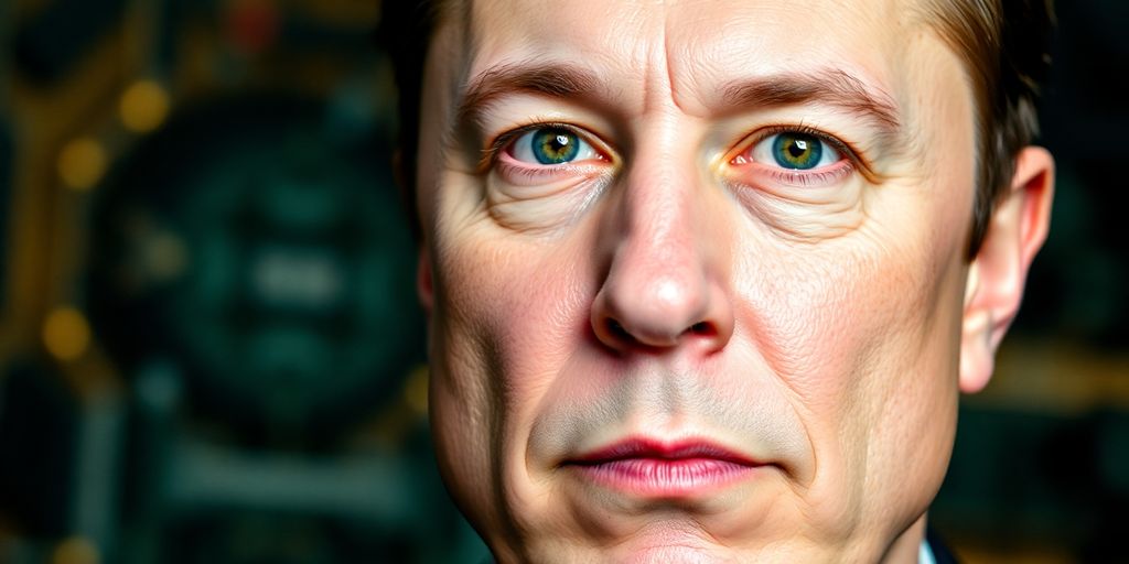 Elon Musk with intense expression and technology backdrop.