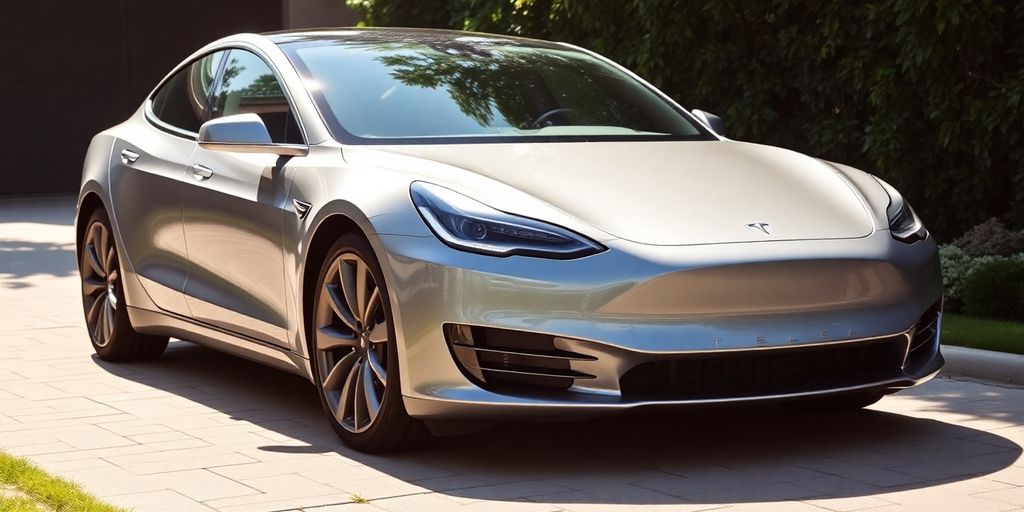 A Tesla parked in a sunny driveway.