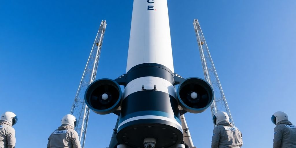 SpaceX rocket on launch pad with technicians in suits.