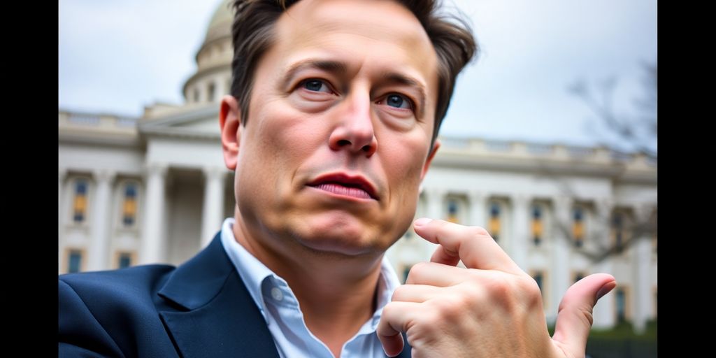 Elon Musk in a thoughtful pose near a government building.