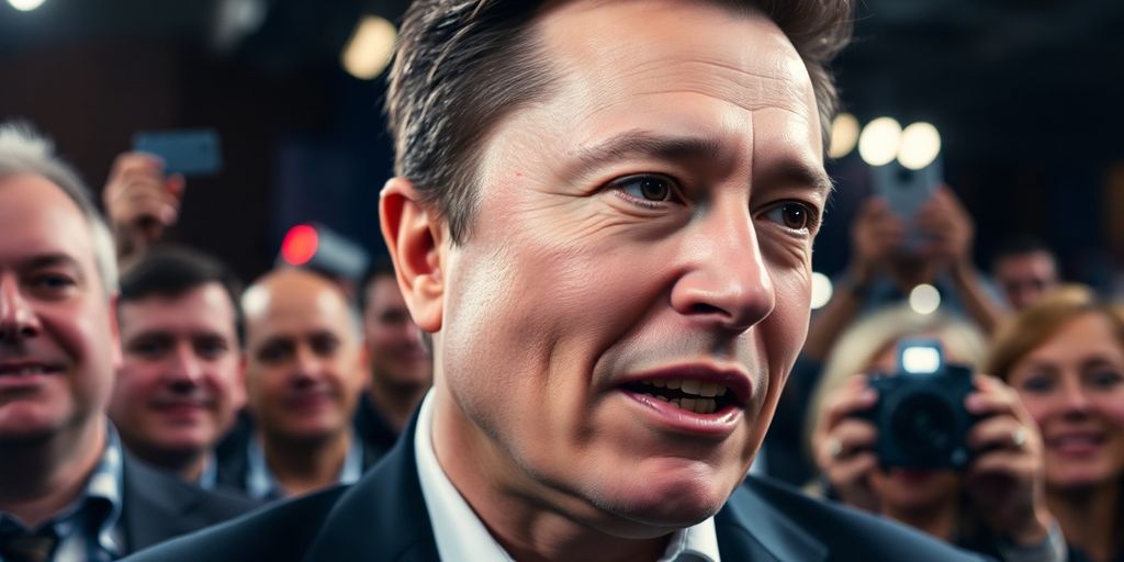 Elon Musk with intense expression in a crowd setting.