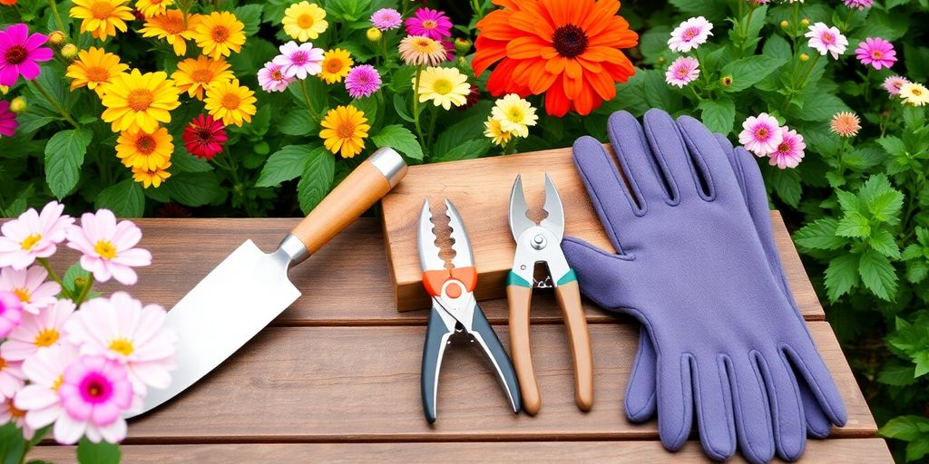 Ferramentas de jardinagem para iniciantes em uma mesa de madeira com flores.