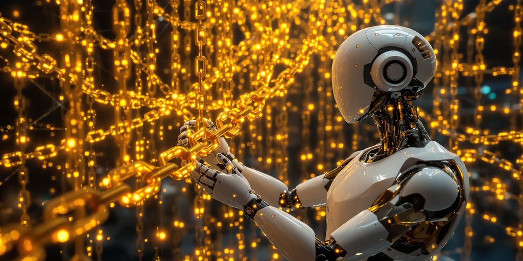 AI robot building endless golden chains linked together.