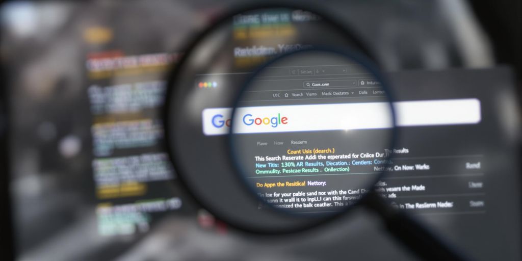 Magnifying glass over a search engine results page.