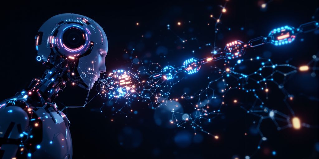 AI robot building a chain of glowing links.