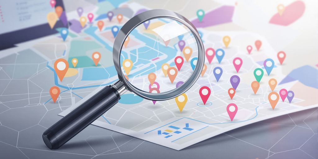 Magnifying glass over local map pins.
