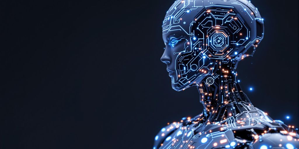 AI bot with glowing circuits.