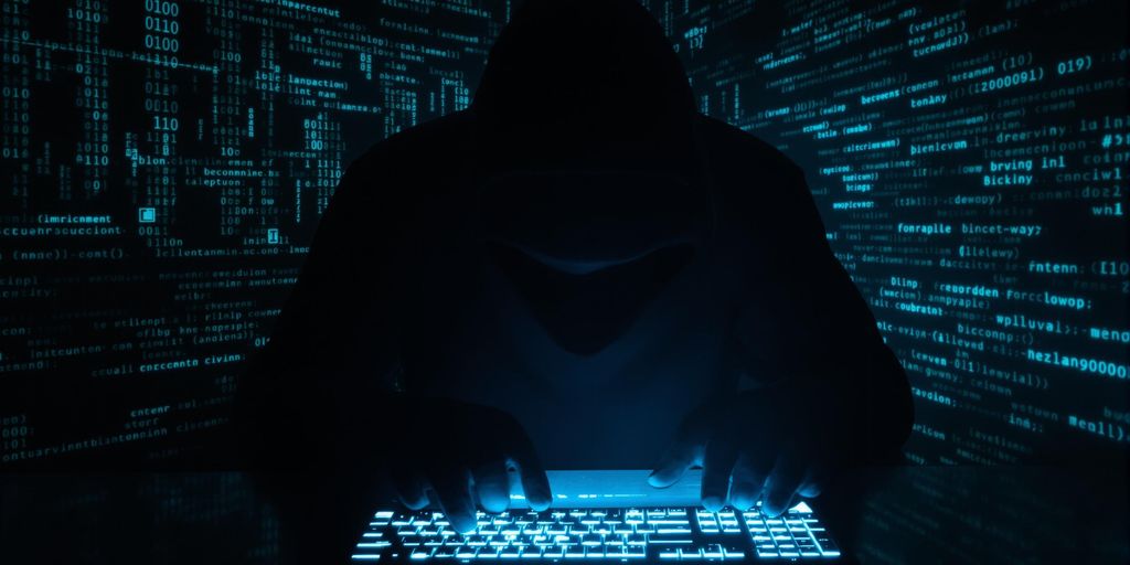 Dark shadowy figures performing illicit digital actions.