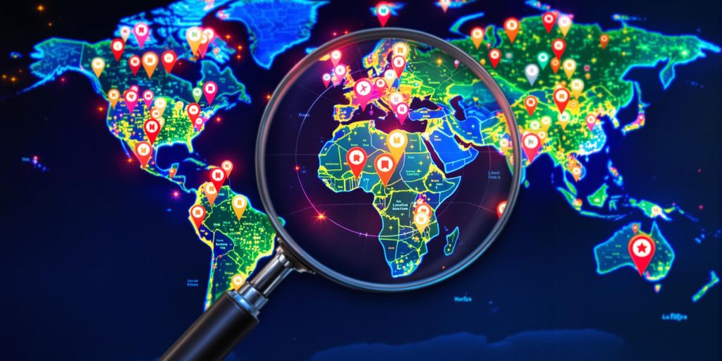 Magnifying glass over a world map with location pins.