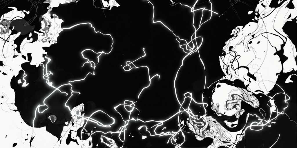 Abstract dark shapes with glowing lines.
