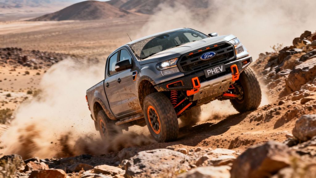 Ford Ranger PHEV driving on a dusty off-road trail.