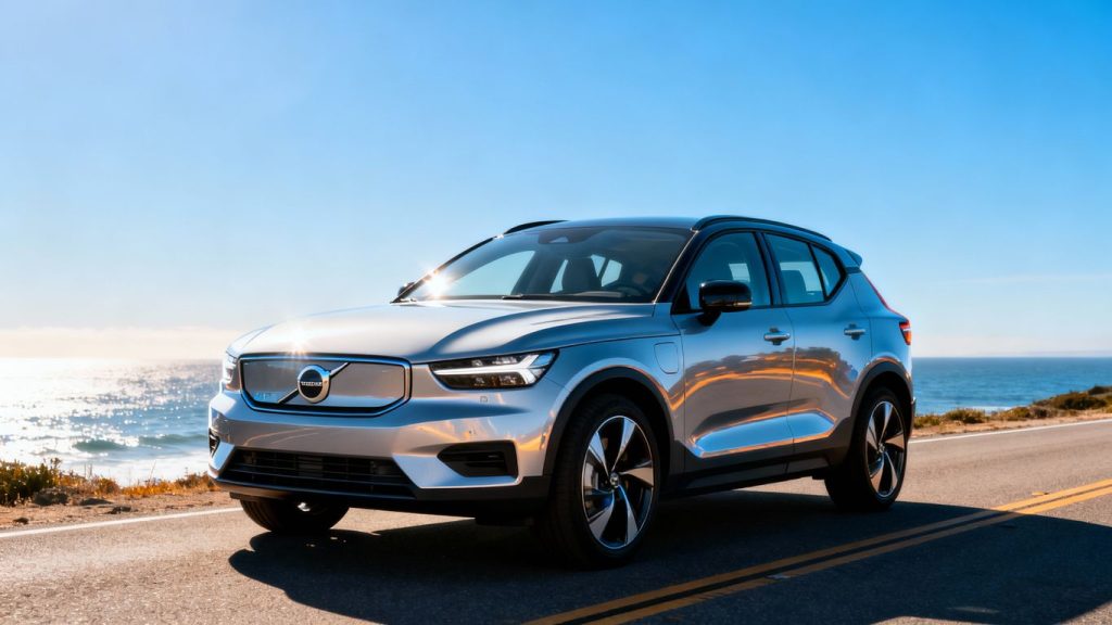 Silver Volvo EX40 electric car on a coastal road.