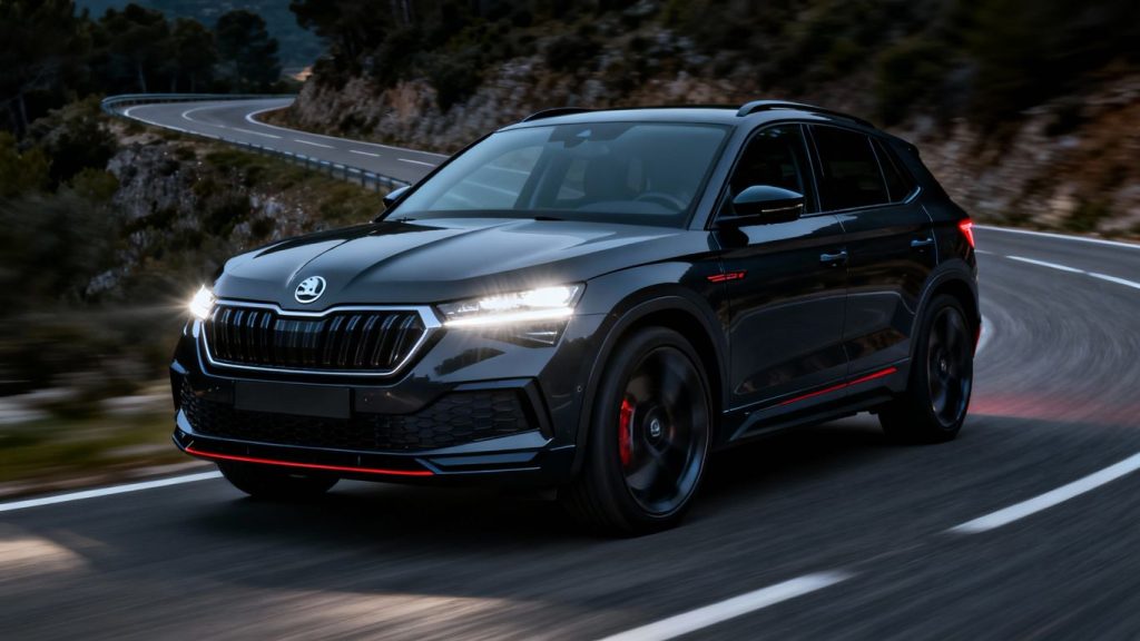 Skoda Elroq RS electric SUV driving on a road.