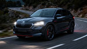 Skoda Elroq RS electric SUV driving on a road.