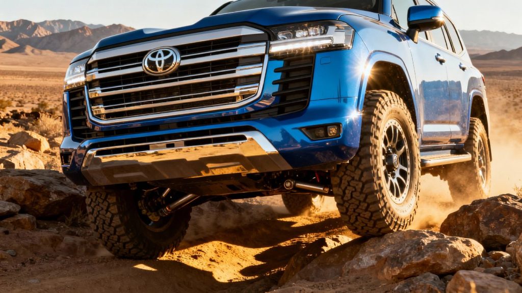2025 Toyota Land Cruiser driving on a rocky off-road trail.