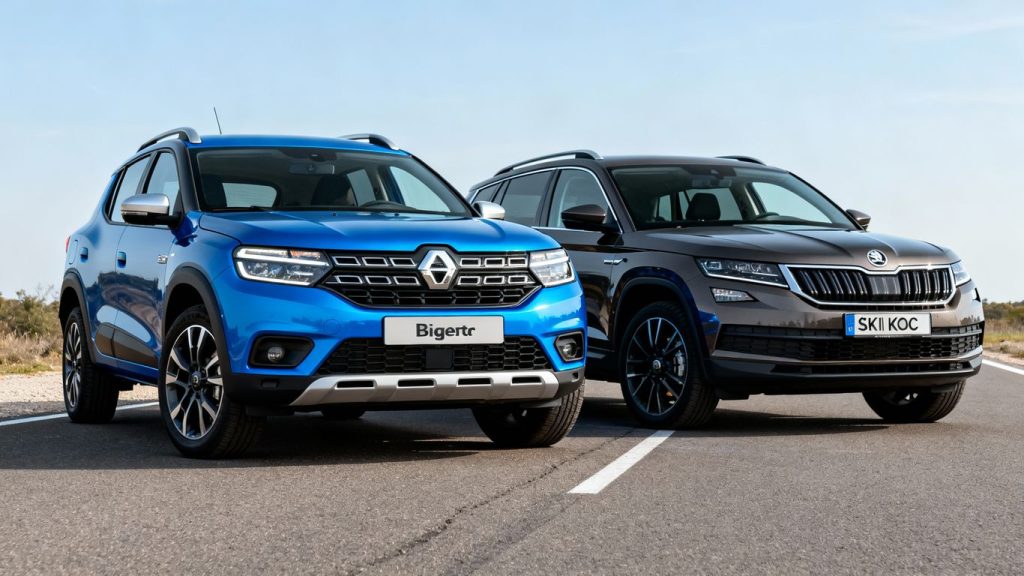 Dacia Bigster and Skoda Kodiaq SUVs side-by-side.