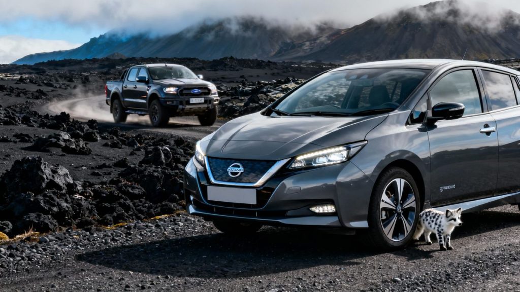 Nissan Leaf and Ford Ranger in Iceland with surprise guest.