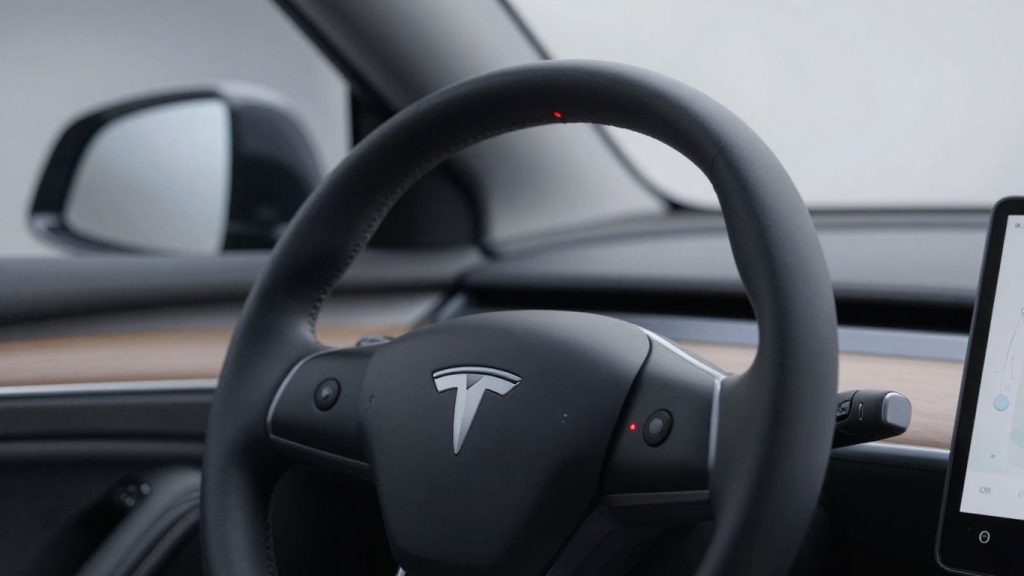 Electric car dashboard with a warning light illuminated.