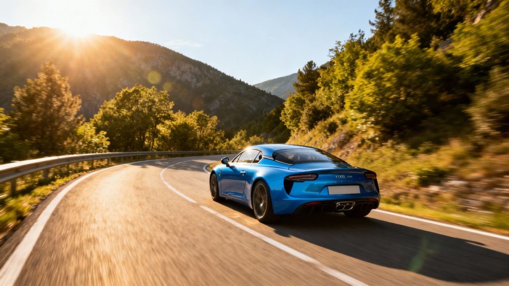 Blue Alpine A110 sports car on a mountain road.