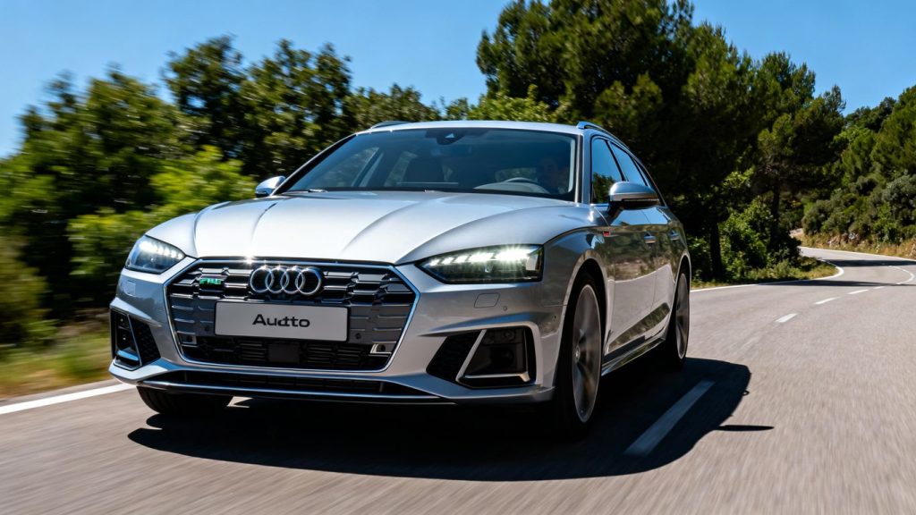 Silver Audi A5 Avant PHEV driving on a scenic road.