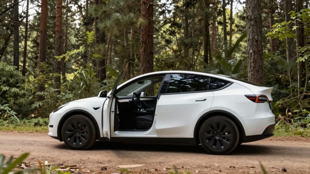 Tesla Model Y on a forest road with camping gear.