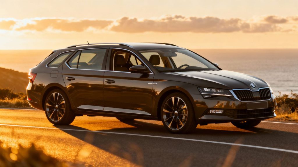 Škoda Superb Sportline family car on a scenic road.
