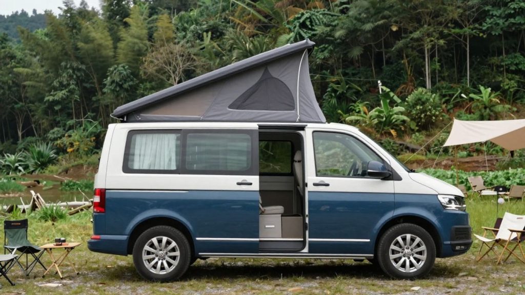 Volkswagen California T7 camper van with pop-top roof extended.