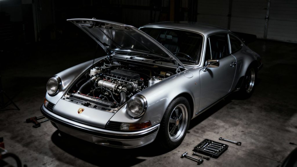 Silver Porsche 911 with open hood, tools nearby.